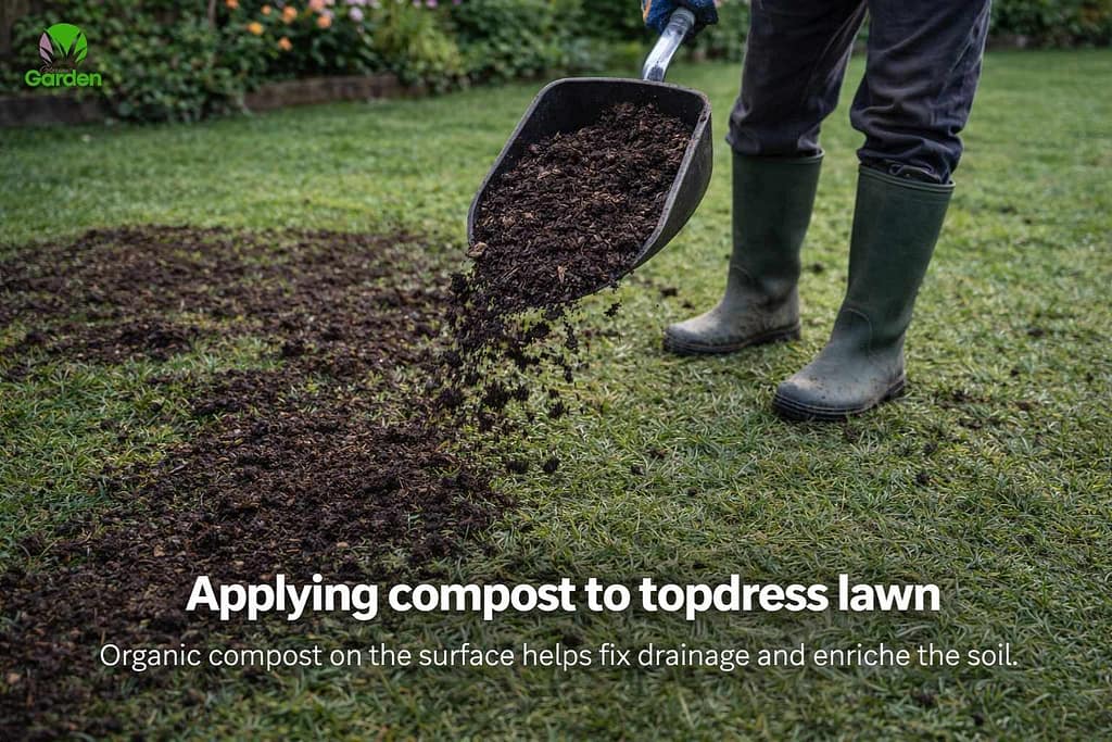 Compost being spread on a lawn to improve poor drainage naturally