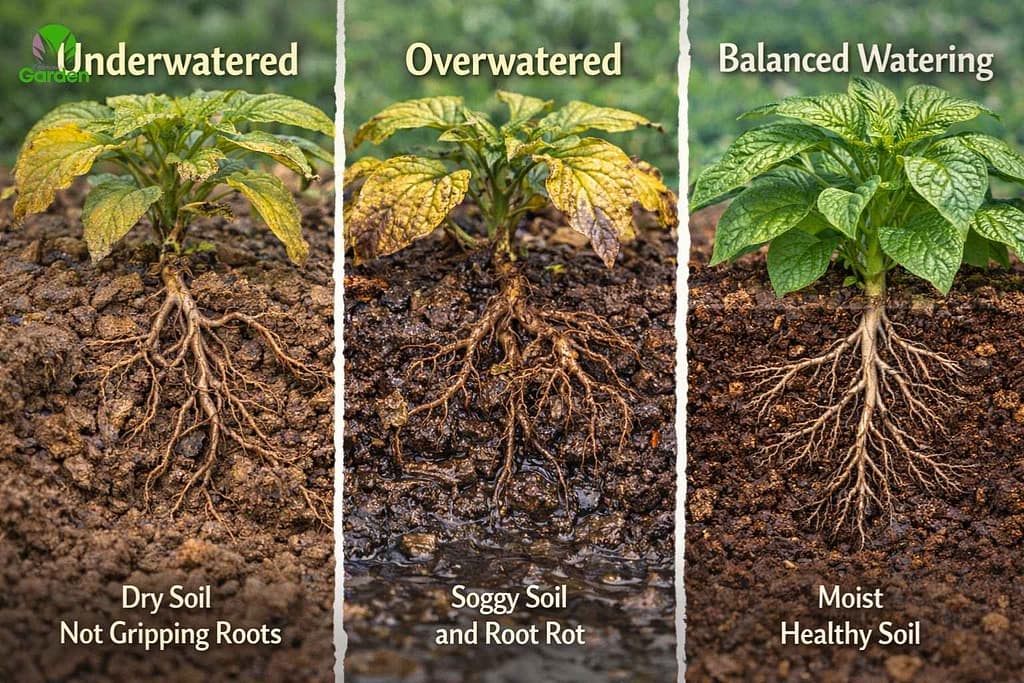 Vegetable plants in UK gardens showing underwatered dry soil, overwatered soggy soil and healthy balanced moisture with strong root growth