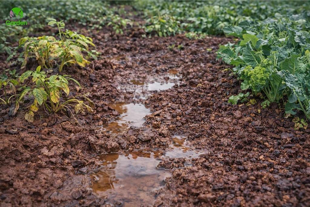 Waterlogged clay soil in a UK vegetable garden with puddles after rain showing poor drainage and stressed plants