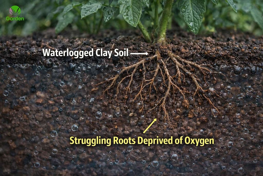 Waterlogged clay soil surrounding vegetable roots showing oxygen loss that prevents proper crop development.