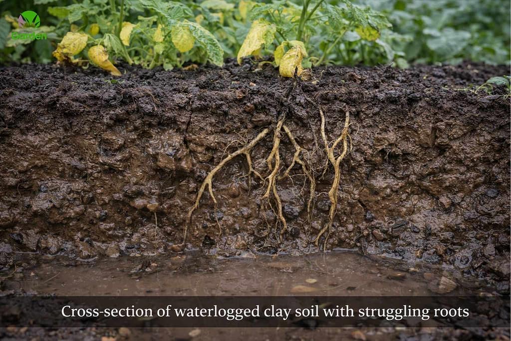 Cross section of waterlogged clay soil showing vegetable roots struggling in saturated UK garden soil.