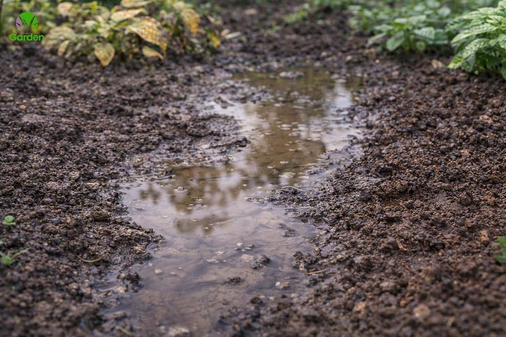 Waterlogged garden soil in the UK with puddles sitting on clay soil after rain showing poor drainage and saturated ground