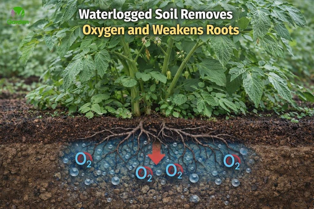Waterlogged garden soil removing oxygen from vegetable roots and weakening root systems.