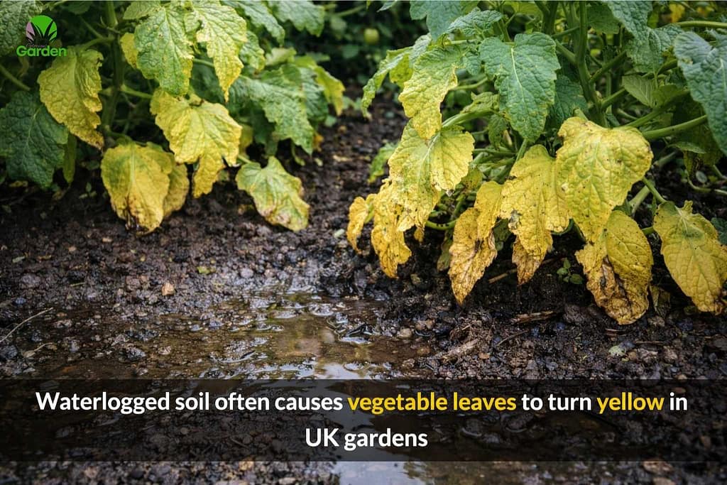 Yellow vegetable leaves caused by waterlogged soil in a UK garden bed