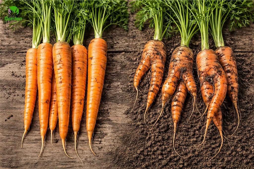 Straight carrots compared with forked carrots caused by heavy or compacted soil