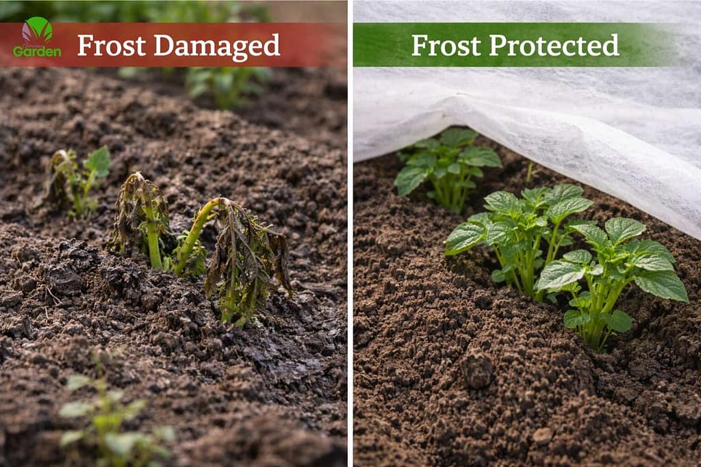 Side by side comparison of frost damaged and frost protected potato shoots in early spring