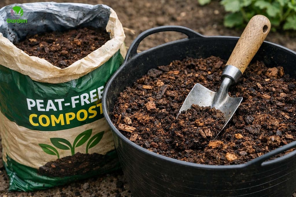 Open bag of peat-free compost beside a trug of compost showing typical texture used in UK home gardens