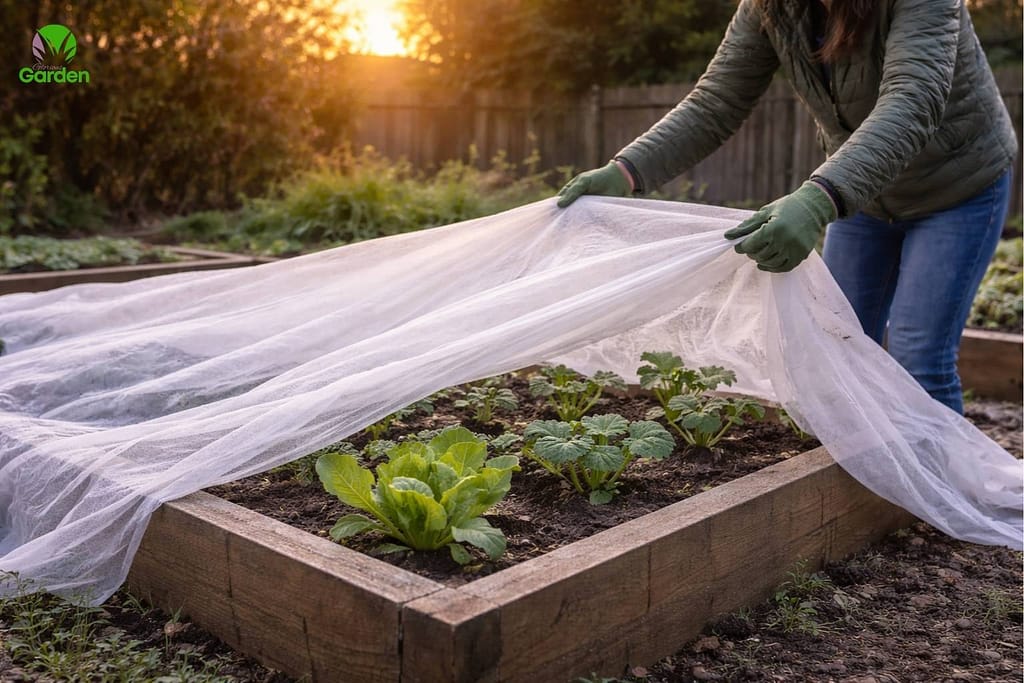Gardener covering young vegetables with horticultural fleece to protect from late frost in a UK garden