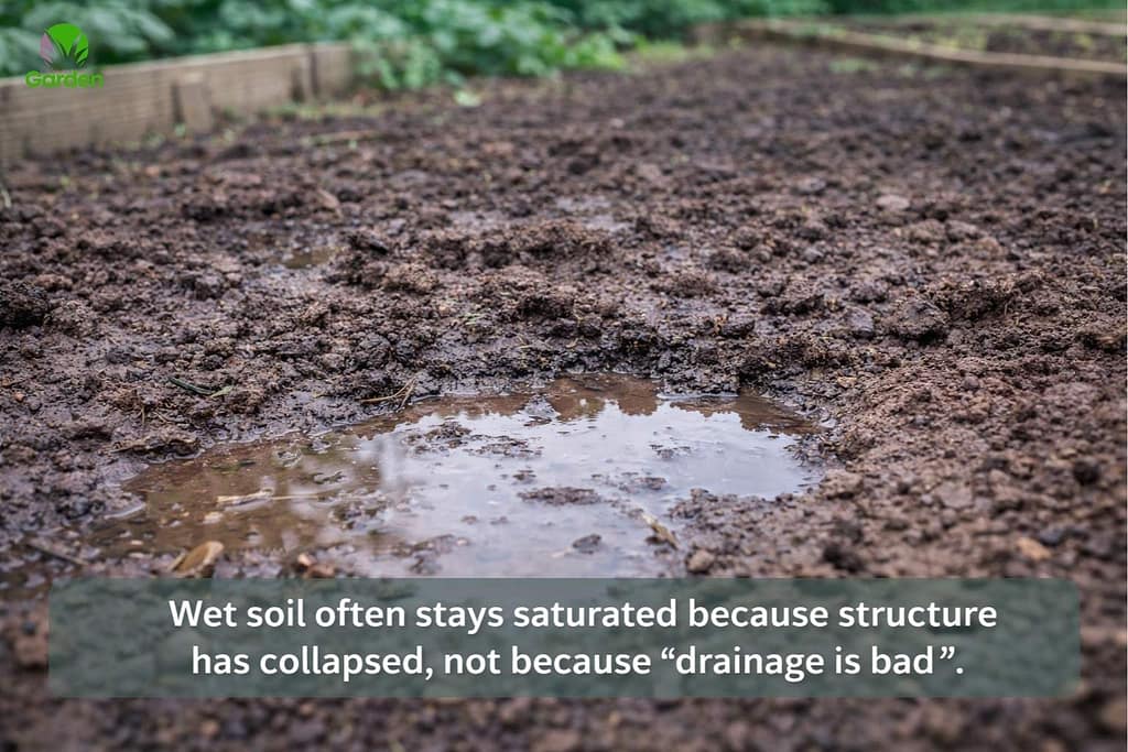 Wet garden soil pooling on the surface in a UK garden due to poor soil structure